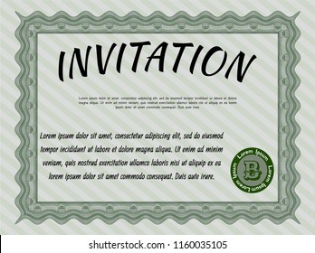 Green Retro invitation. With complex linear background. Vector illustration. Money Pattern. 