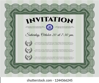 Green Retro invitation. With complex linear background. Beauty design. Detailed. 