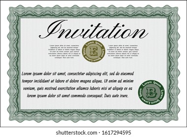 Green Retro invitation. Cordial design. With guilloche pattern. Detailed. 