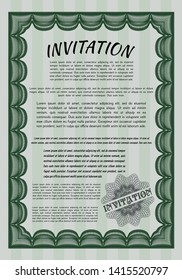 Green Retro invitation. Customizable, Easy to edit and change colors. With complex linear background. Money Pattern design. 