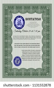 Green Retro invitation. Detailed. With complex background. Money design. 