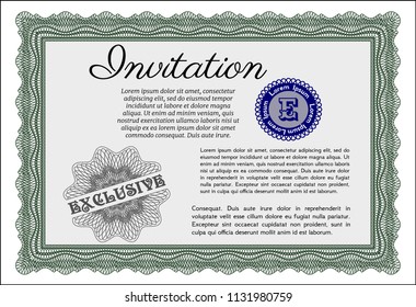 Green Retro invitation. With guilloche pattern. Artistry design. Vector illustration. 