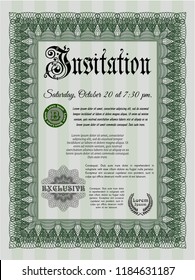 Green Retro invitation. With guilloche pattern and background. Beauty design. Vector illustration. 