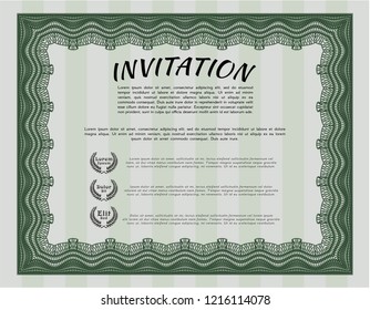 Green Retro invitation. With guilloche pattern and background. Vector illustration. Lovely design. 