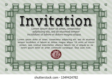 Green Retro invitation. With guilloche pattern. Vector illustration. Artistry design. 