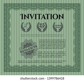 Green Retro invitation. With guilloche pattern and background. Nice design. Detailed. 