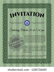 Green Retro invitation. Nice design. With guilloche pattern and background. Detailed. 