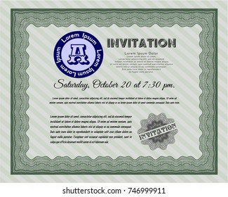 Green Retro invitation template. Artistry design. With great quality guilloche pattern. Vector illustration. 