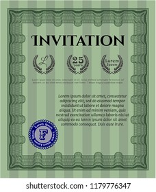 Green Retro invitation template. With complex linear background. Good design. Detailed. 