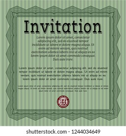 Green Retro invitation template. With complex linear background. Detailed. Money Pattern design. 