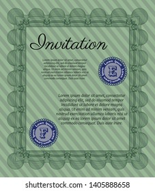 Green Retro invitation template. With complex linear background. Detailed. Money Pattern design. 