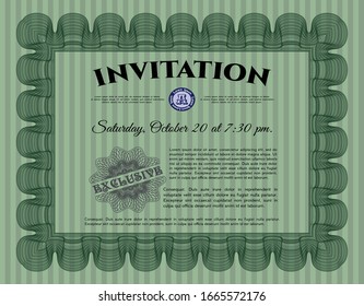 Green Retro invitation template. With complex linear background. Vector illustration. Money Pattern design. 
