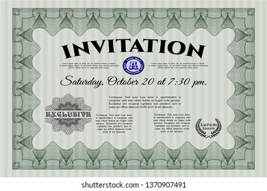 Green Retro invitation template. Retro design. With great quality guilloche pattern. Detailed. 