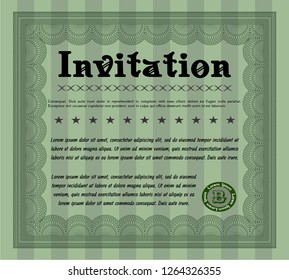 Green Retro invitation template. Detailed. With complex linear background. Money style design. 