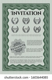 Green Retro invitation template. Elegant design. Detailed. With guilloche pattern and background. 