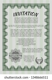 Green Retro invitation template. Excellent design. With great quality guilloche pattern. Detailed. 
