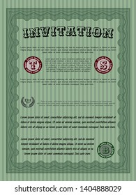Green Retro invitation template. Excellent design. With complex linear background. Detailed. 