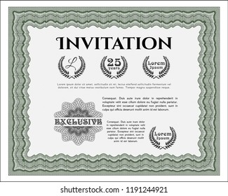 Green Retro invitation template. Good design. Vector illustration. With guilloche pattern. 