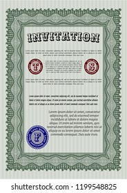 Green Retro invitation template. With great quality guilloche pattern. Detailed. Modern design. 
