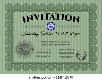 Green Retro invitation template. With great quality guilloche pattern. Superior design. Vector illustration. 