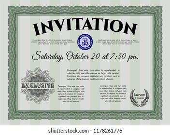 Green Retro invitation template. With guilloche pattern. Cordial design. Detailed. 