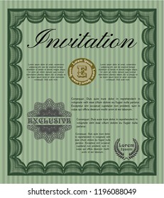 Green Retro invitation template. With guilloche pattern. Vector illustration. Lovely design. 