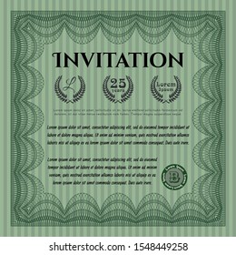 Green Retro invitation template. With guilloche pattern. Lovely design. Detailed. 