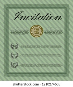 Green Retro invitation template. Lovely design. With complex linear background. Detailed. 