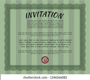 Green Retro invitation template. Modern design. Complex background. Detailed. 