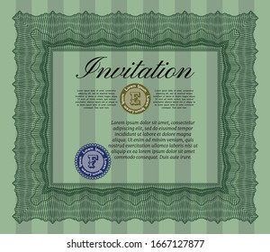 Green Retro invitation template. Money style design. Vector illustration. With complex linear background. 