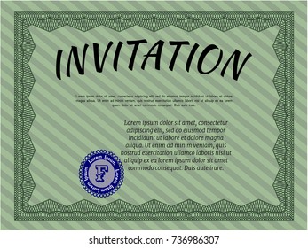 Green Retro invitation template. Perfect design. With guilloche pattern and background. Detailed. 