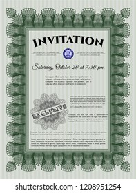 Green Retro invitation template. Printer friendly. Elegant design. Detailed. 