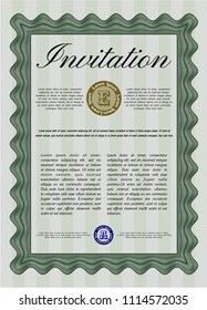 Green Retro invitation template. Vector illustration. With guilloche pattern. Cordial design. 