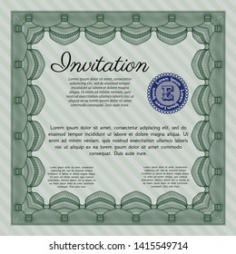 Green Retro invitation template. Vector illustration. With great quality guilloche pattern. Beauty design. 