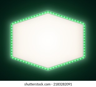 Green Retro Lightbox With White Light Bulbs, Vintage Theater Signboard Mockup Isolated On A Dark Background. Bright Hexagonal Commercial Announcement Banner. Marquee Billboard With Lamps.