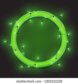 Green retro neon circle frame, led shiny lights garland, vector illustration