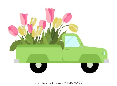 A green retro pickup truck with flowers pink and yellow tulips. Isolated on white background. Hand painted vintage car vector illustration. Perfect for cards, wedding invitations, and spring greetings