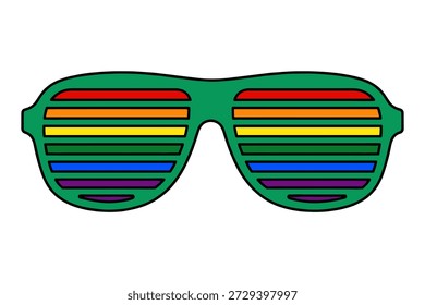 Green retro pixel shutter shade sunglasses with rainbow colored lenses. Great for st patricks day or pride events