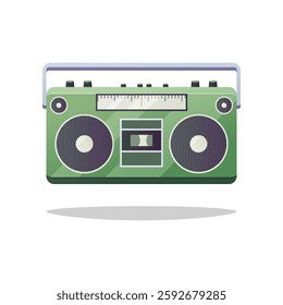 Green retro portable stereo radio cassette recorder vector isolated on white background.