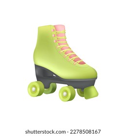 Green retro roller skate 3D illustration. Cartoon drawing of shoe with wheels for recreation in 3D style on white background. Sports, leisure, healthy lifestyle concept