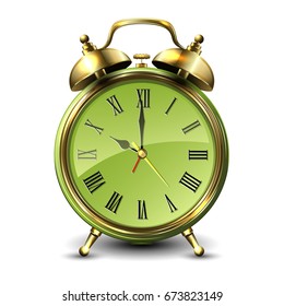 Green retro style alarm clock isolated on white background. Vector illustration.