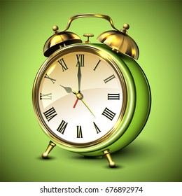 Green retro style alarm clock on green background. Vector illustration.