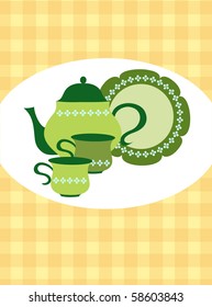 green retro teapot, cups and plate , vector illustration