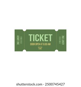 Green retro ticket for circus, concert, boarding, lottery, movie, casino, theater, cinema, carnival, voucher on white isolated background. Admit one ticket template.