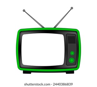 Green retro TV with antenna. Vintage television set. Old device. Transparent mockup of a screen	