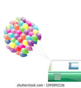 Green retro van and bunch of colorful balloon isolated on white - summer background