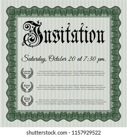 Green Retro vintage invitation. Artistry design. Detailed. Printer friendly. 