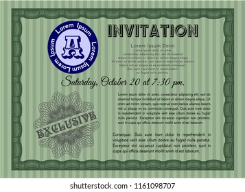 Green Retro vintage invitation. Excellent design. Vector illustration. With guilloche pattern. 
