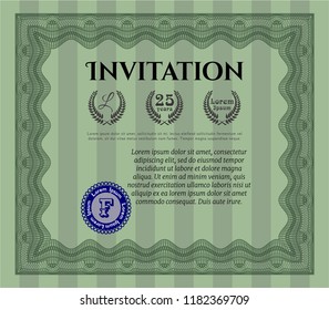 Green Retro vintage invitation. Excellent design. With guilloche pattern. Detailed. 