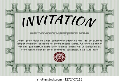 Green Retro vintage invitation. With great quality guilloche pattern. Vector illustration. Excellent design. 